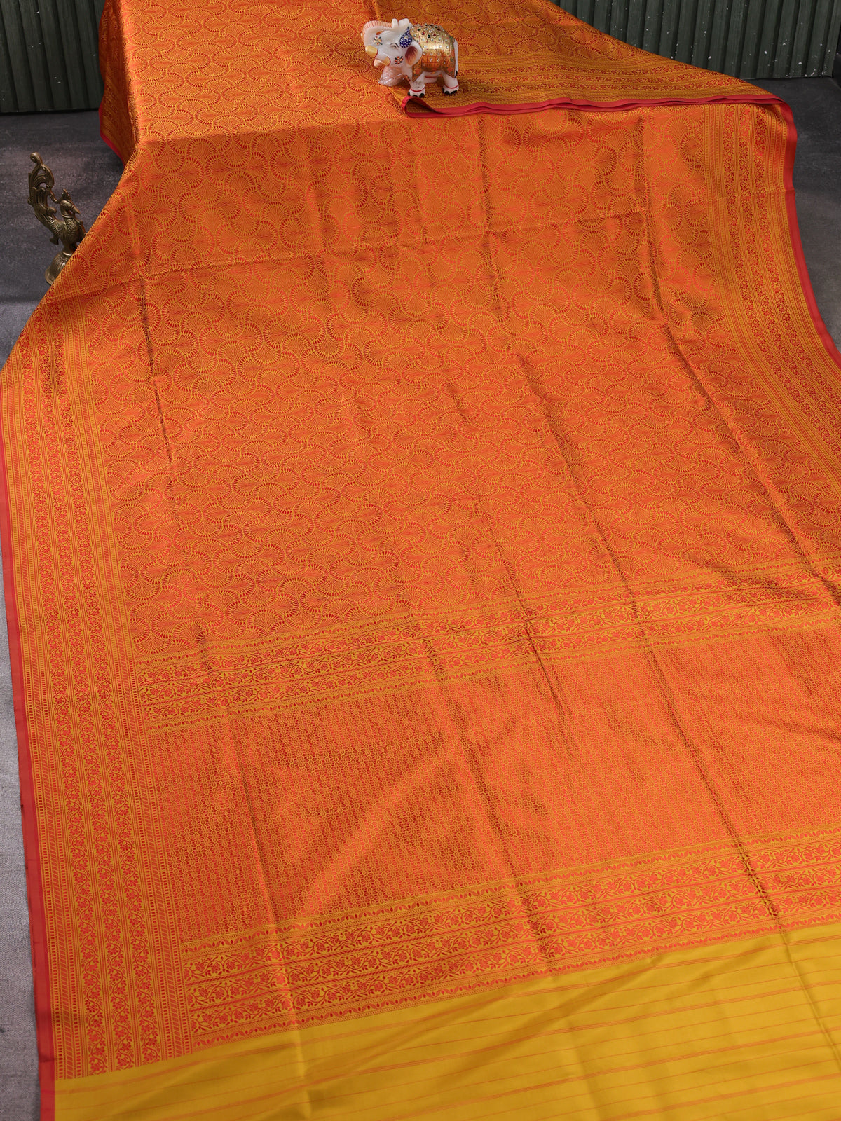 Mustard Yellow - Red Banarasi Tanchoi Silk Saree