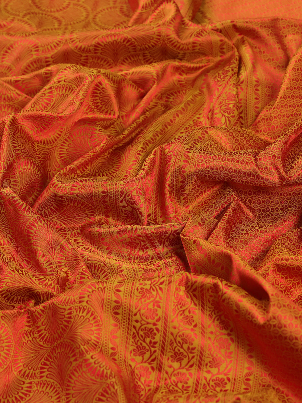 Mustard Yellow - Red Banarasi Tanchoi Silk Saree