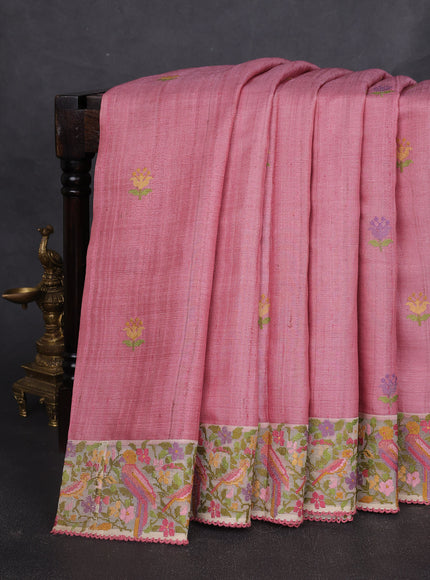 Peach Pink - Cream Tussar Embroidery Silk Saree