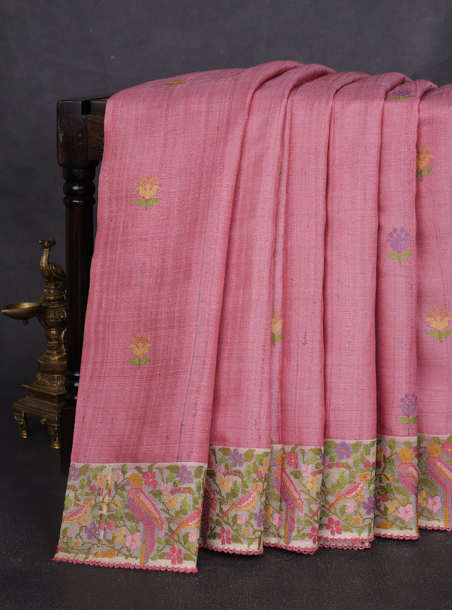 Peach Pink - Cream Tussar Embroidery Silk Saree
