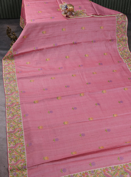 Peach Pink - Cream Tussar Embroidery Silk Saree