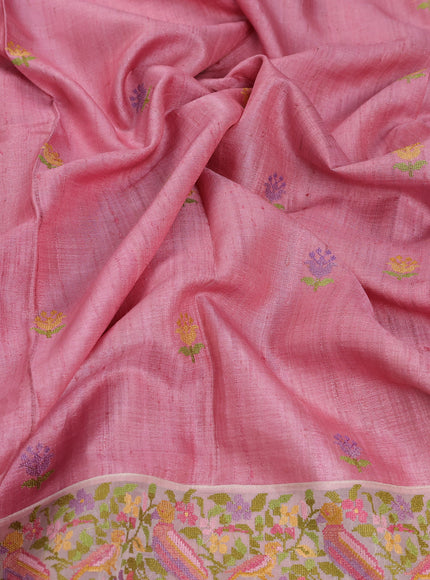 Peach Pink - Cream Tussar Embroidery Silk Saree