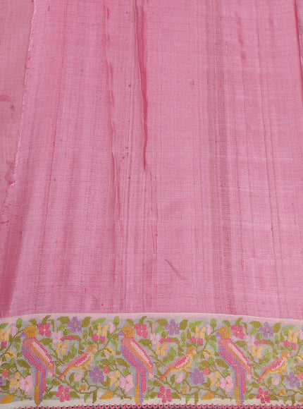 Peach Pink - Cream Tussar Embroidery Silk Saree