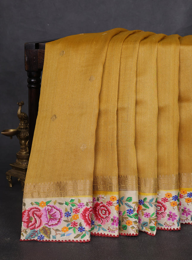 Mustard Yellow - Cream Tussar Embroidery Silk Saree