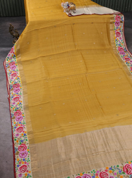 Mustard Yellow - Cream Tussar Embroidery Silk Saree