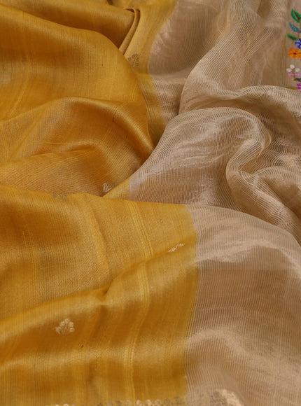 Mustard Yellow - Cream Tussar Embroidery Silk Saree