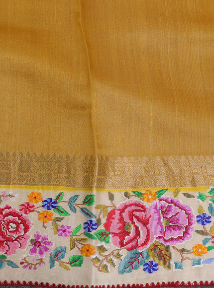 Mustard Yellow - Cream Tussar Embroidery Silk Saree