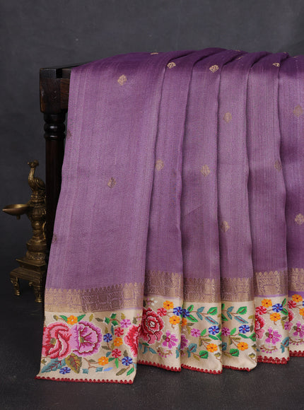 Purple - Cream Tussar Embroidery Silk Saree