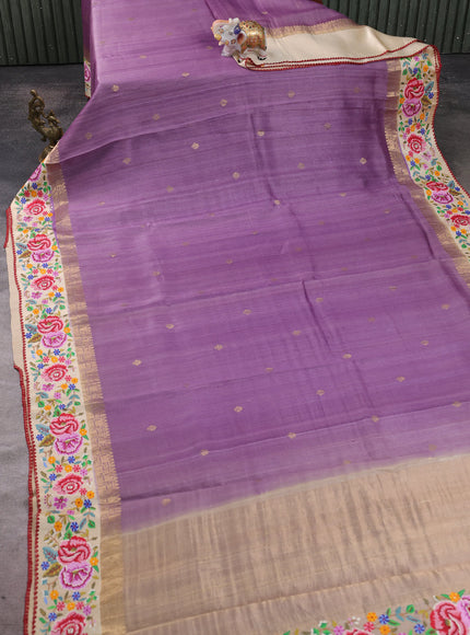 Purple - Cream Tussar Embroidery Silk Saree
