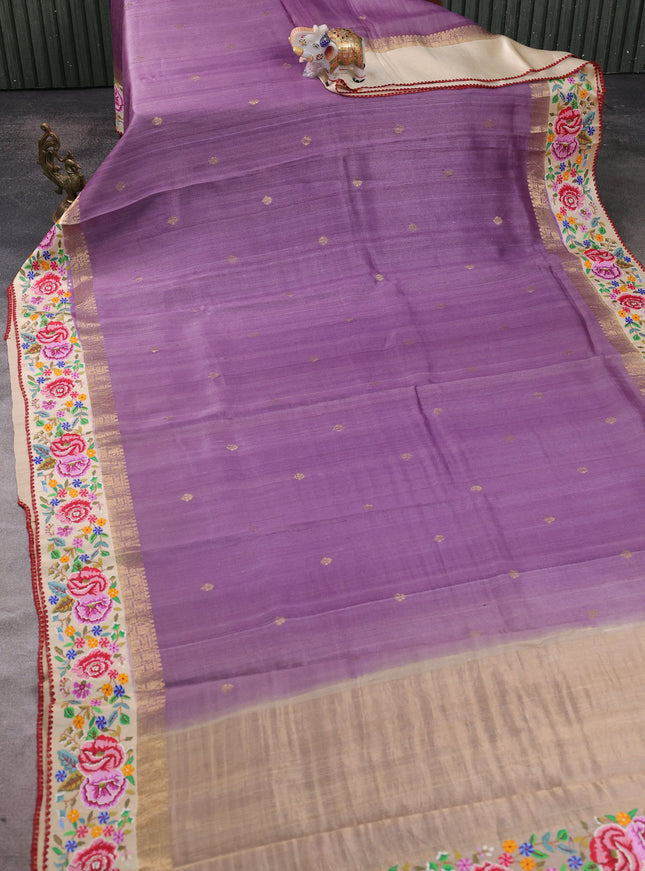 Purple - Cream Tussar Embroidery Silk Saree