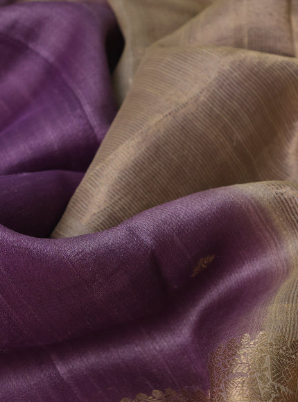 Purple - Cream Tussar Embroidery Silk Saree