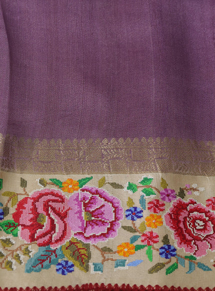 Purple - Cream Tussar Embroidery Silk Saree
