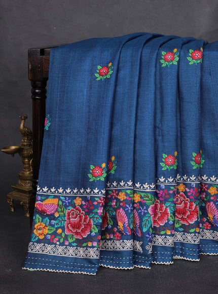 Peacock Blue Tussar Embroidery Silk Saree