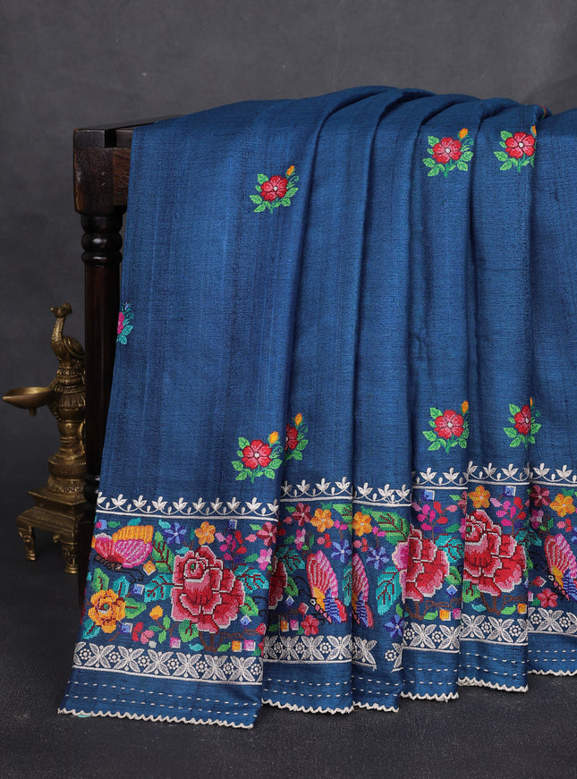 Peacock Blue Tussar Embroidery Silk Saree