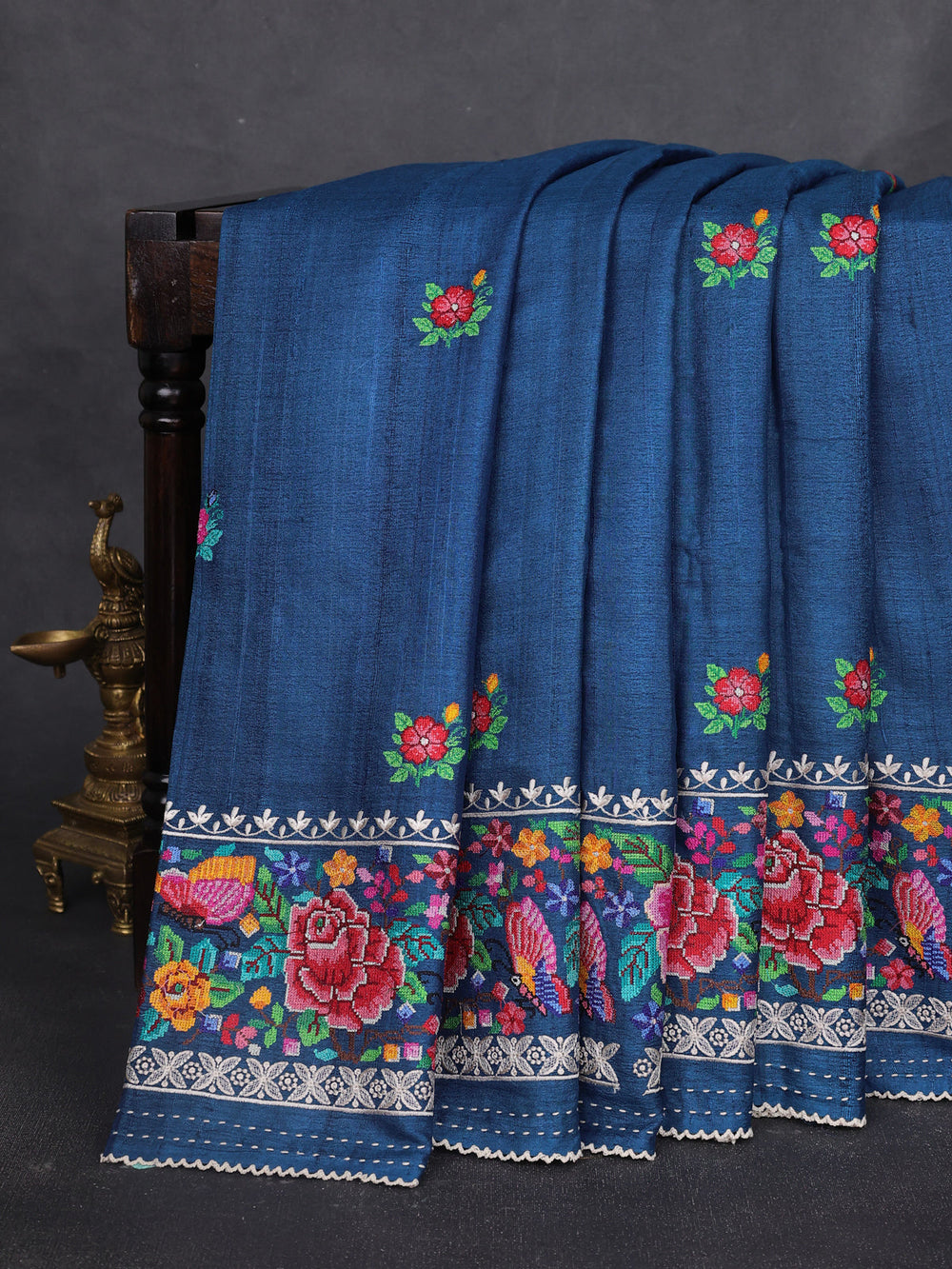 Peacock Blue Tussar Embroidery Silk Saree