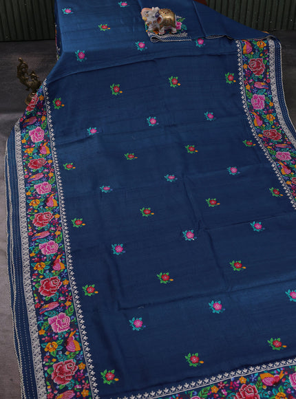 Peacock Blue Tussar Embroidery Silk Saree
