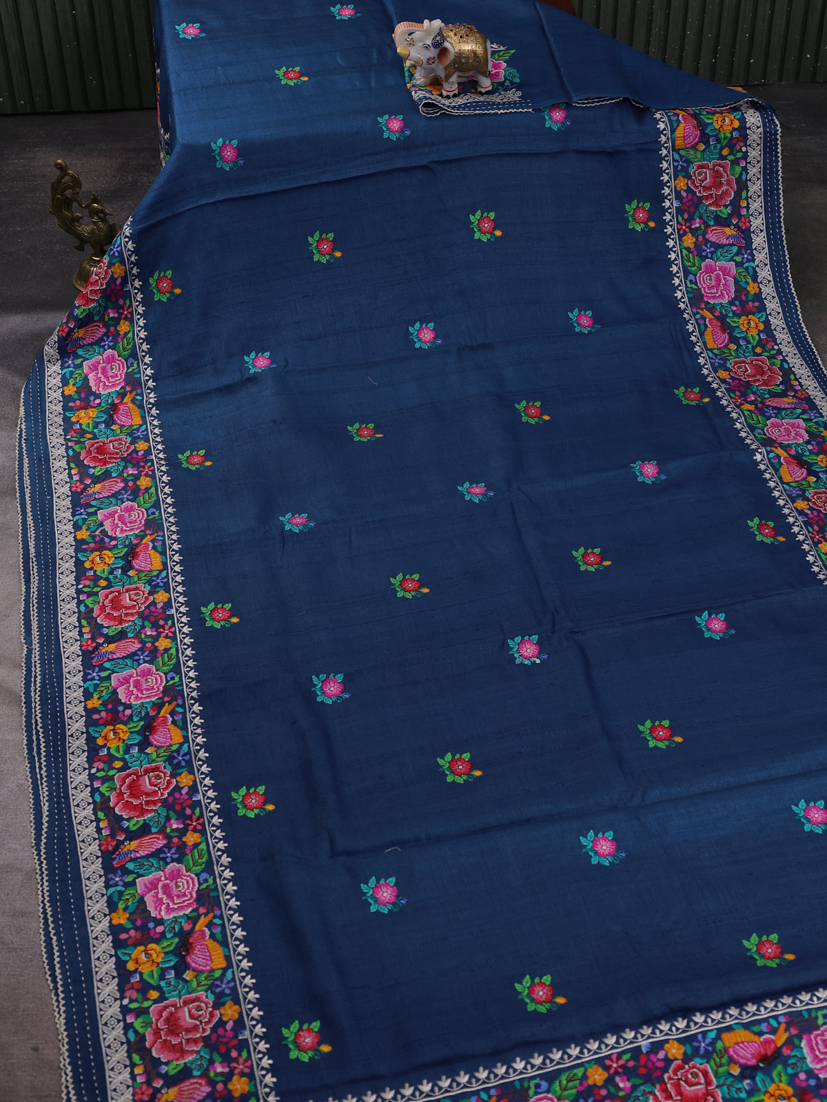Peacock Blue Tussar Embroidery Silk Saree