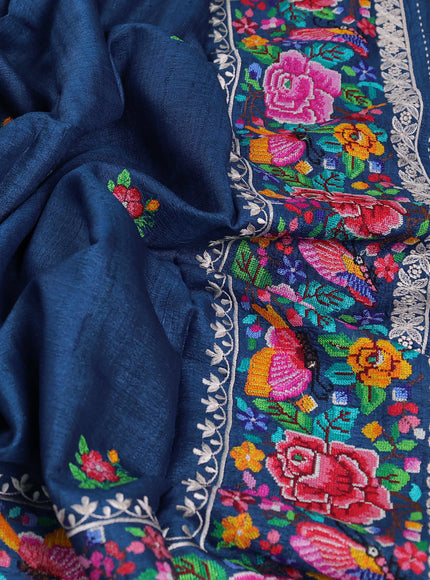 Peacock Blue Tussar Embroidery Silk Saree