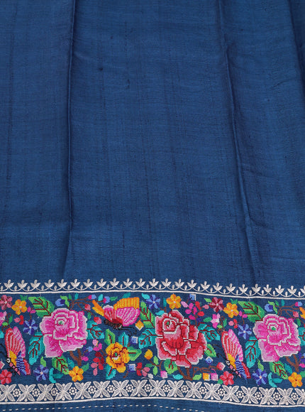 Peacock Blue Tussar Embroidery Silk Saree