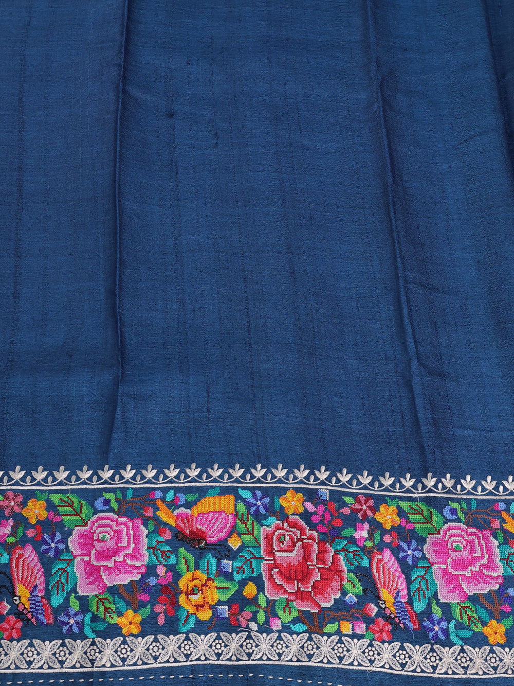 Peacock Blue Tussar Embroidery Silk Saree