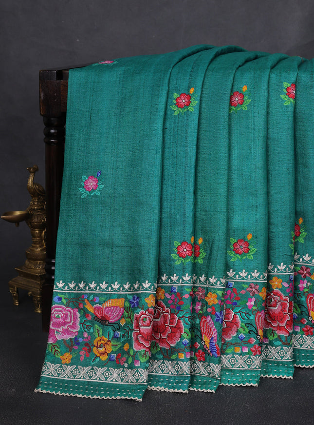 Teal Green Tussar Embroidery Silk Saree