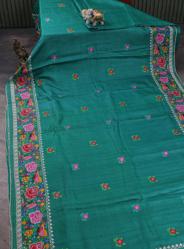 Teal Green Tussar Embroidery Silk Saree