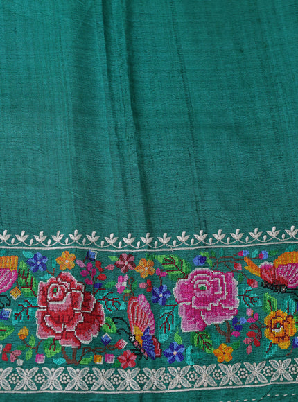 Teal Green Tussar Embroidery Silk Saree