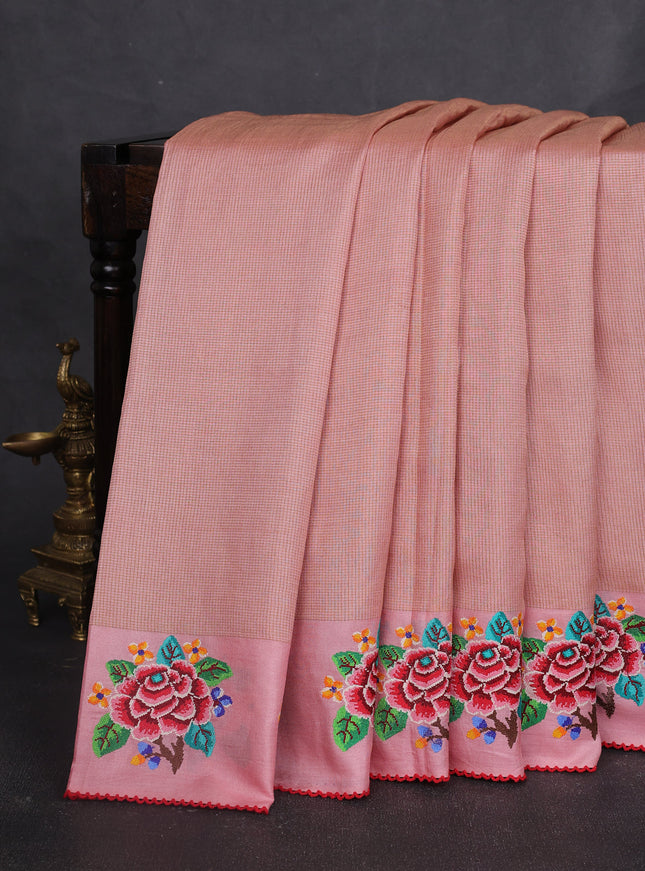 Peach Tussar Embroidery Silk Saree