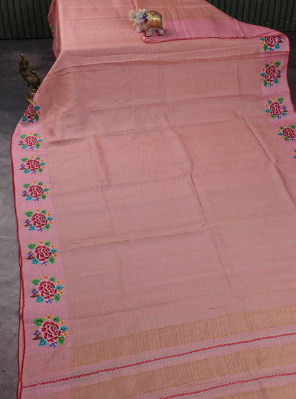 Peach Tussar Embroidery Silk Saree