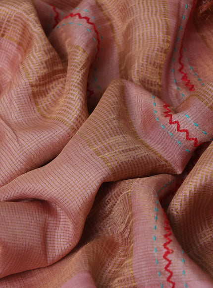 Peach Tussar Embroidery Silk Saree
