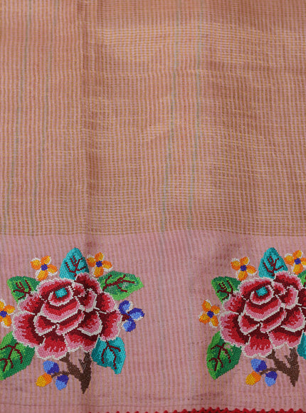 Peach Tussar Embroidery Silk Saree