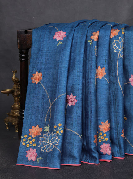 Blue Tussar Embroidery Silk Saree