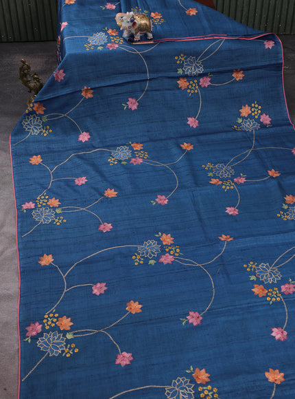 Blue Tussar Embroidery Silk Saree