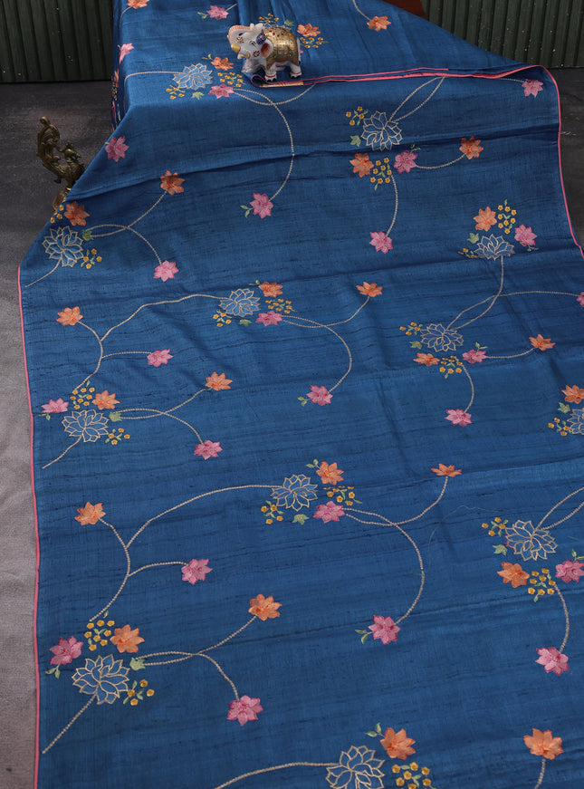 Blue Tussar Embroidery Silk Saree