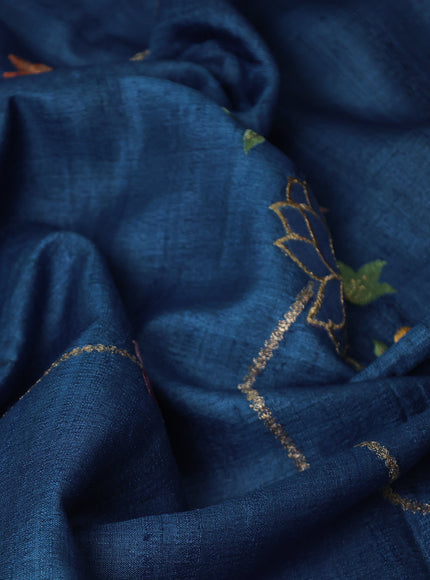 Blue Tussar Embroidery Silk Saree