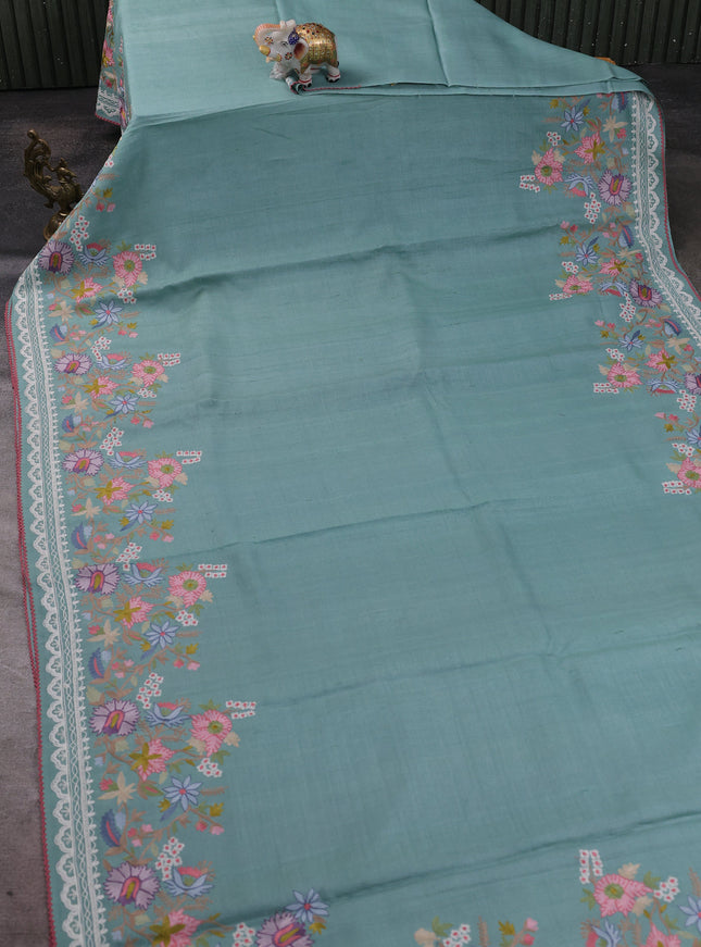 Sky Blue Tussar Embroidery Silk Saree