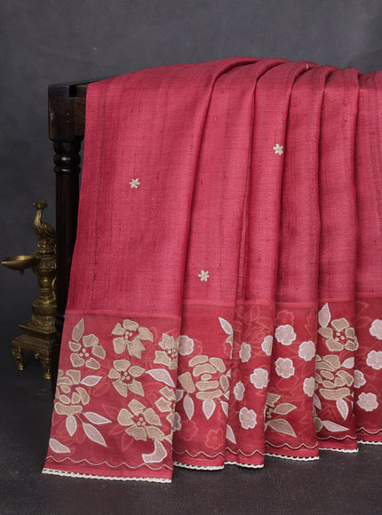Maroon Tussar Embroidery Silk Saree