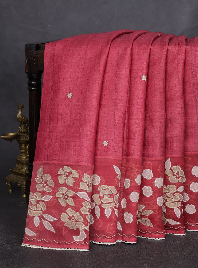 Maroon Tussar Embroidery Silk Saree