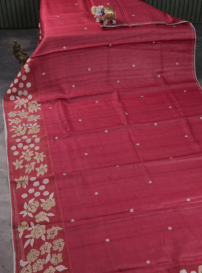 Maroon Tussar Embroidery Silk Saree