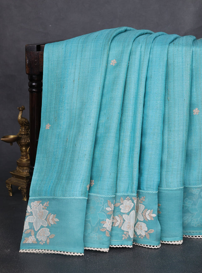 Firozi Tussar Embroidery Silk Saree