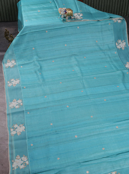 Firozi Tussar Embroidery Silk Saree
