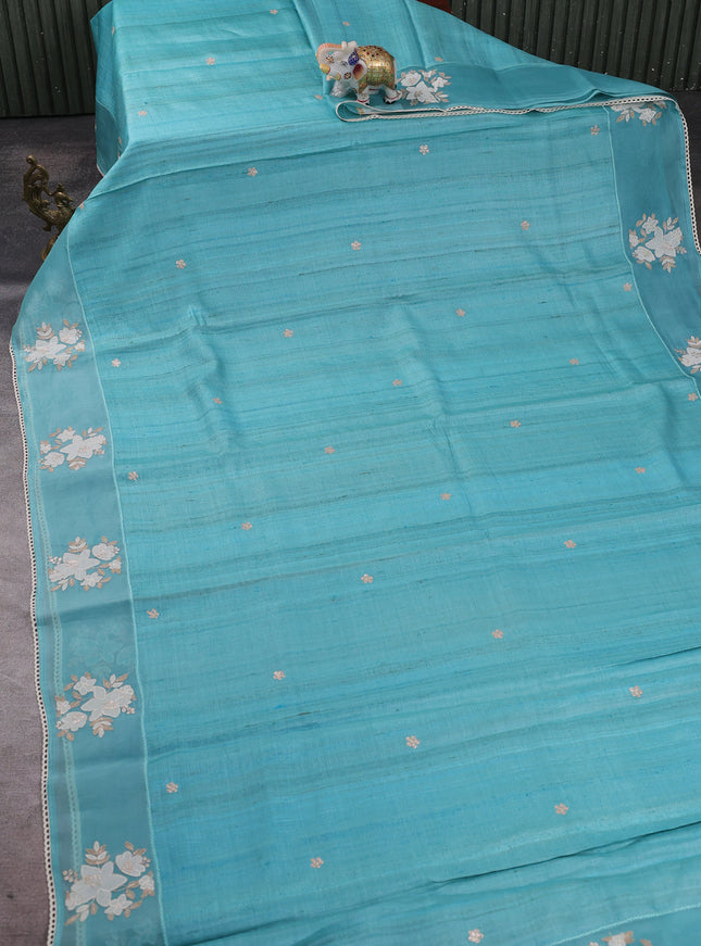 Firozi Tussar Embroidery Silk Saree