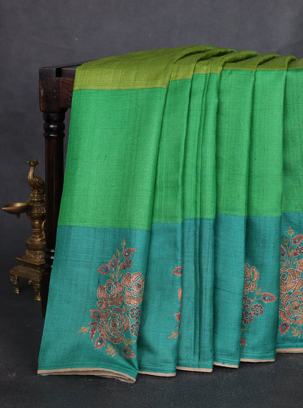 Green - Teal Green Tussar Embroidery Silk Saree