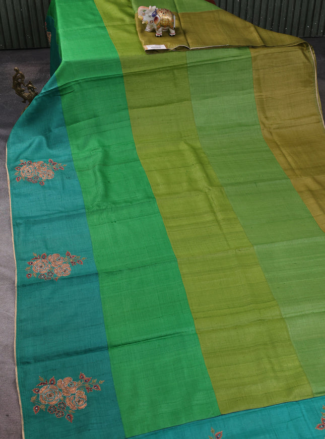 Green - Teal Green Tussar Embroidery Silk Saree