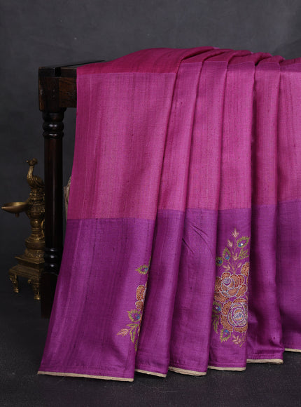 Pink - Purple Tussar Embroidery Silk Saree