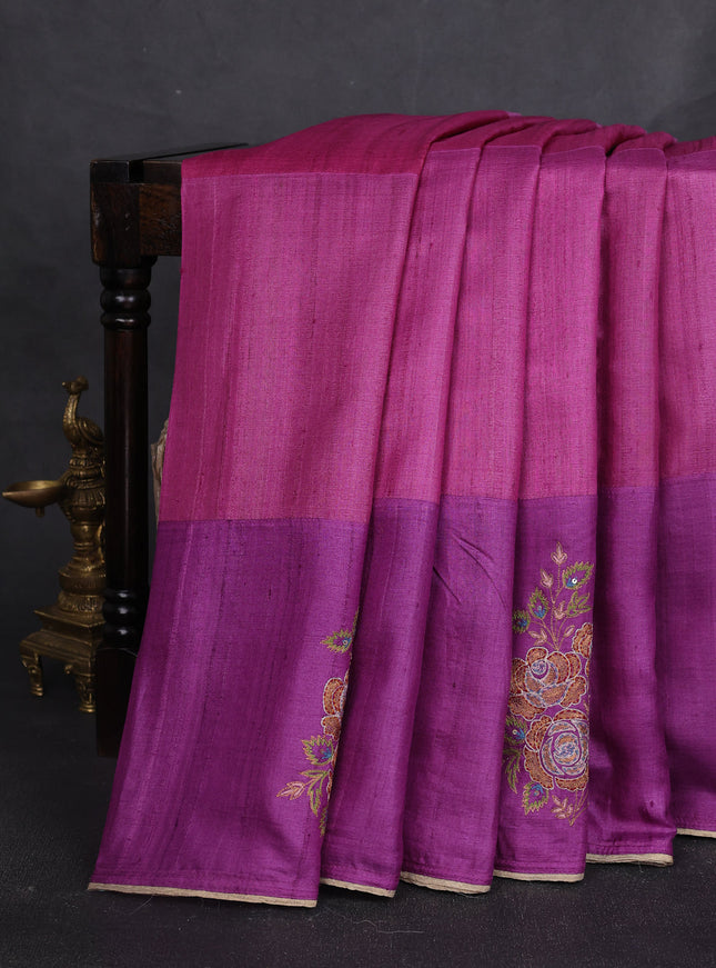 Pink - Purple Tussar Embroidery Silk Saree