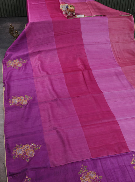 Pink - Purple Tussar Embroidery Silk Saree