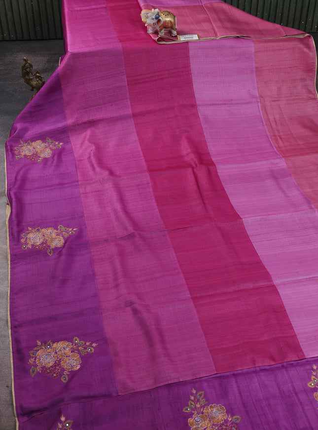 Pink - Purple Tussar Embroidery Silk Saree
