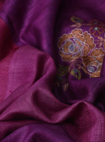 Pink - Purple Tussar Embroidery Silk Saree