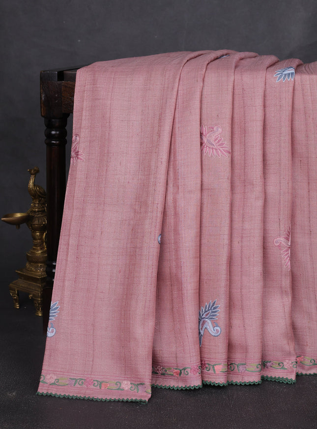 Pastel Peach Pink Tussar Embroidery Silk Saree